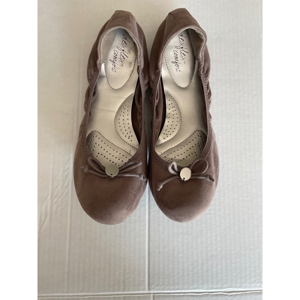 Dexflex Comfort Ballet Flats Taupe Mauve Faux Suede Bow Slip On Shoes Size 11